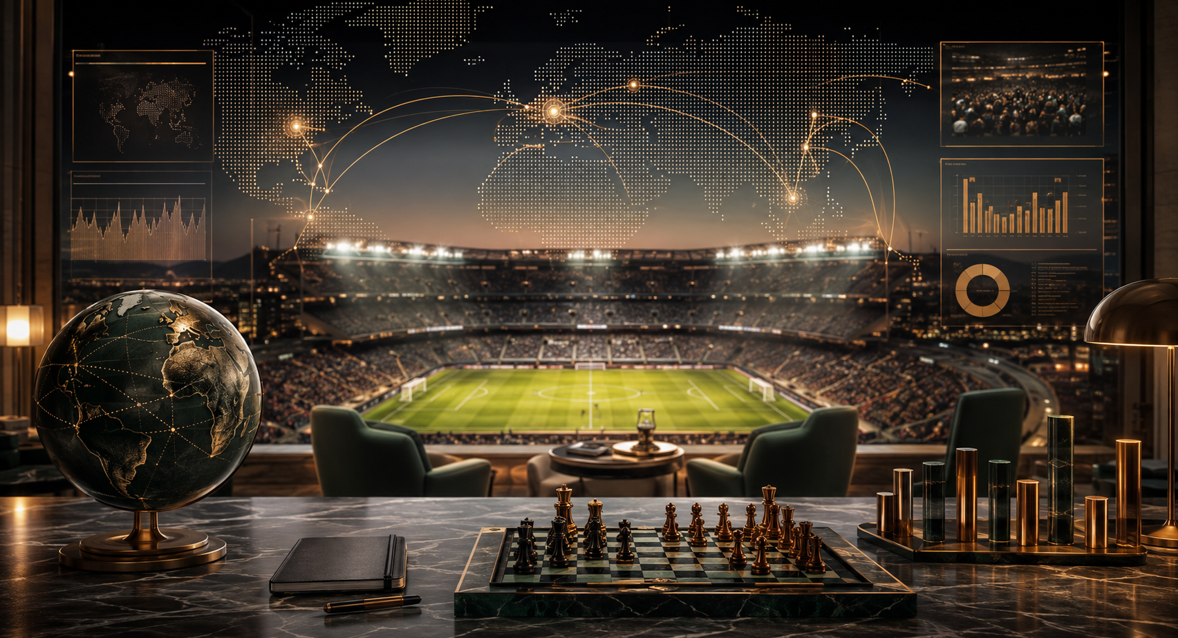 AI editorial image representing Gustavo Guzmán Sepúlveda's global sports strategy, negotiation and investment advisory