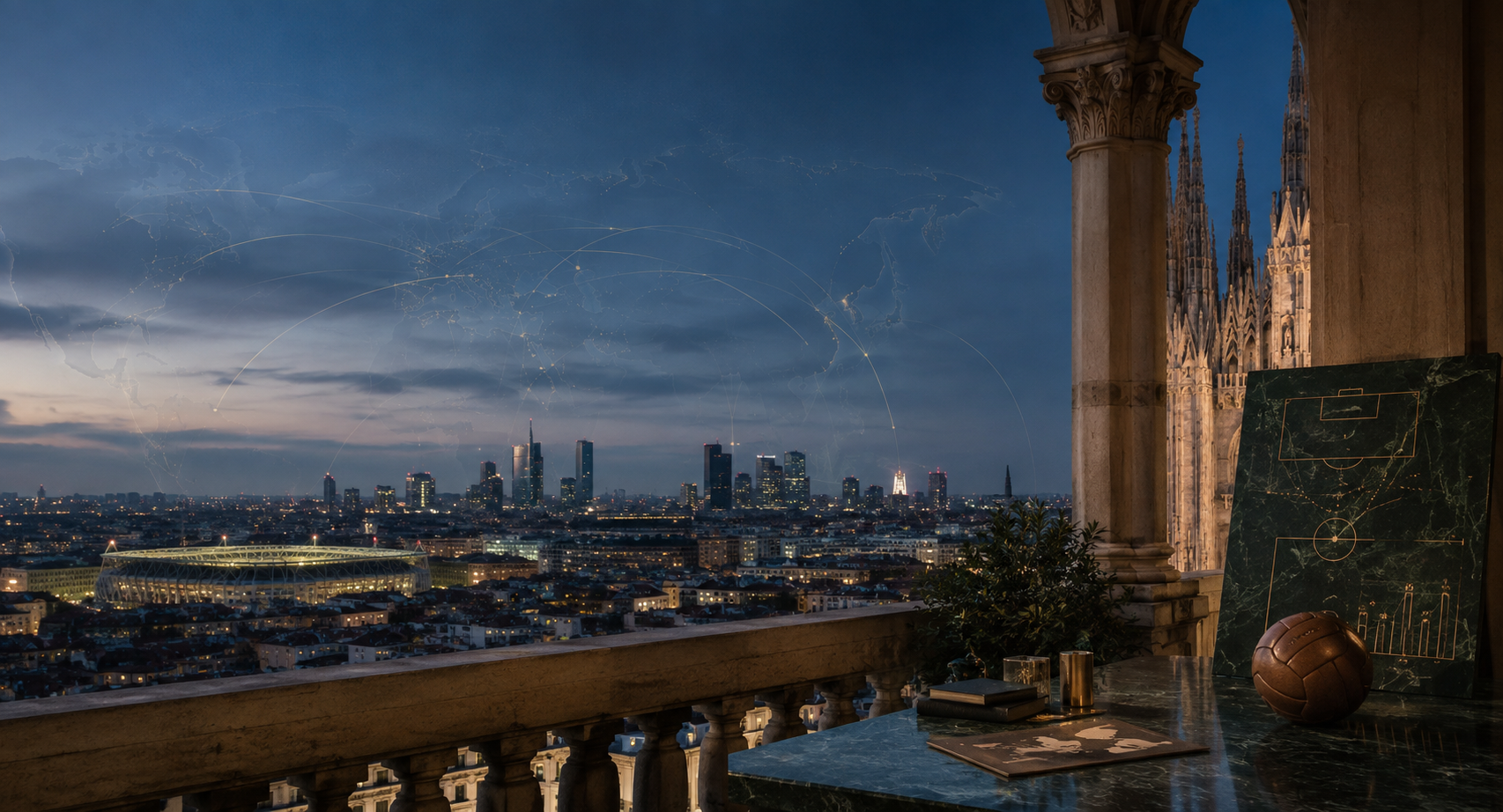 Editorial AI image of Milan, a stadium and global connections representing Gustavo Guzmán Sepúlveda's sports business consultancy