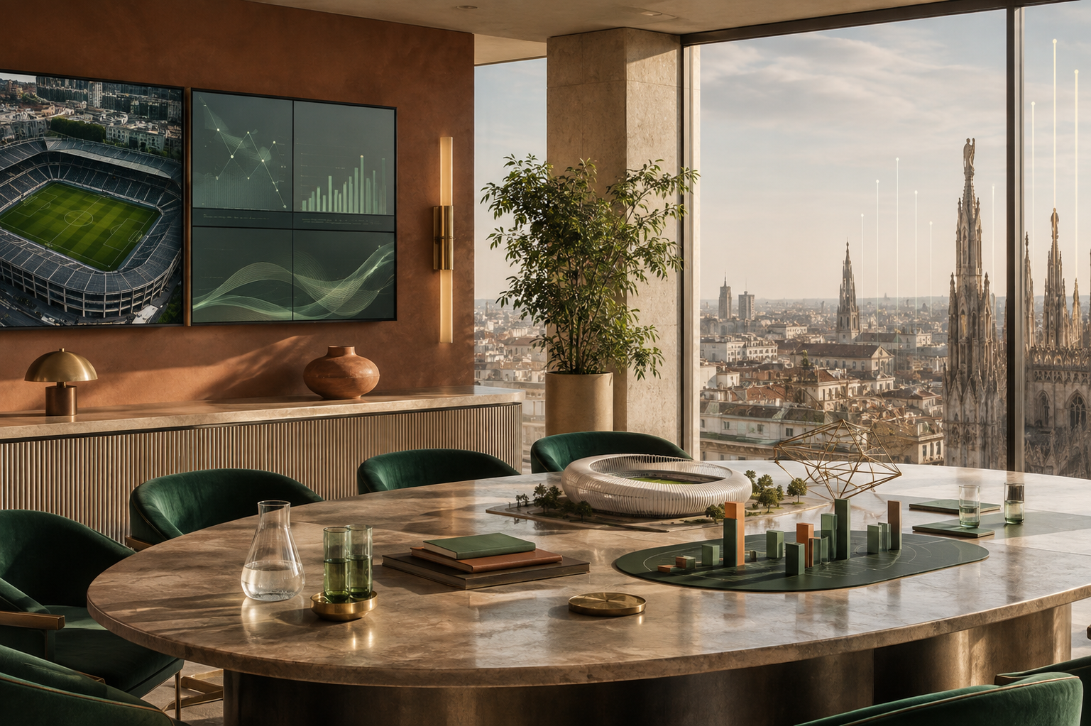 AI editorial image of a Milan boardroom representing Gustavo Guzmán Sepúlveda's sports media and investment expertise